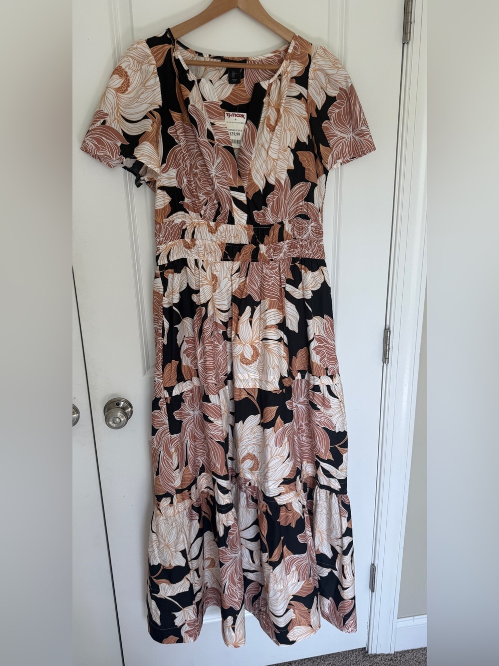 Cynthia Rowley Black Maxi Dress with Cream and Brown Floral Print